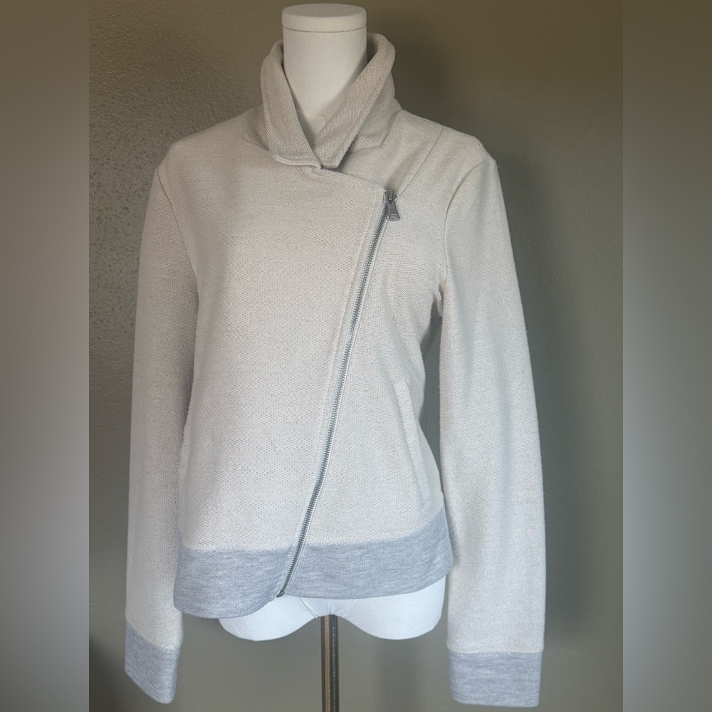 Lou & Grey LOFT Moto Jacket Medium Cream Gray Asymmetrical Zip Knit - Picture 5 of 10